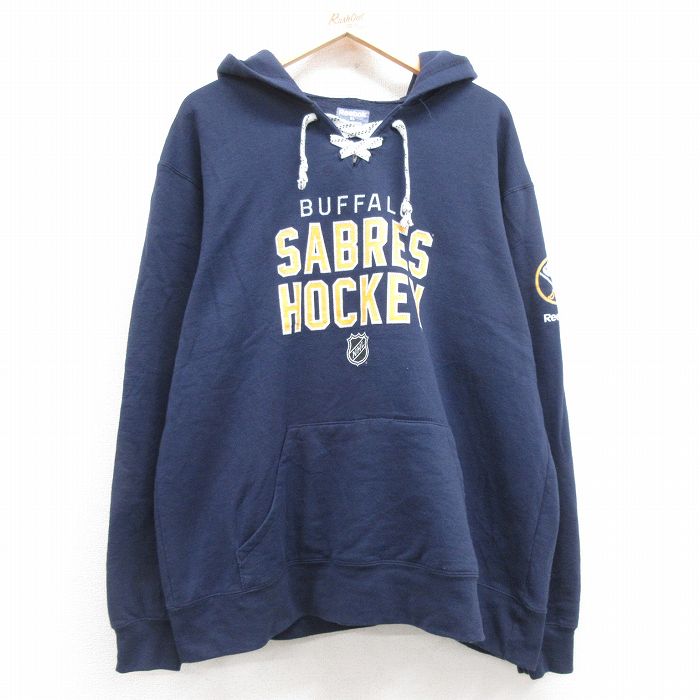 XL★古着 リーボック REEBOK 長袖 スウェット パーカー メンズ NHL バッファローセイバーズ 大きいサイズ 紺 ネイビー アイスホッケー 24nov08 中古 スエット トレーナー トップス