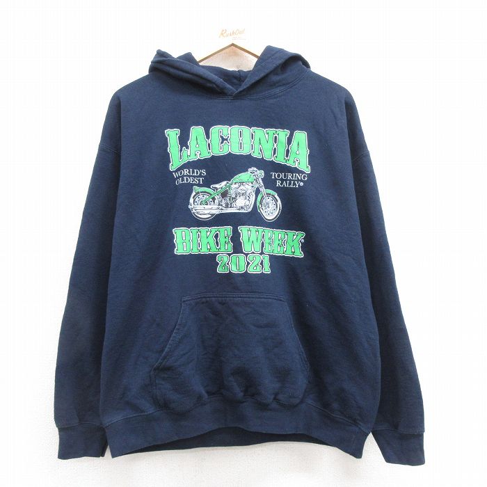 【50%OFF】XL★古着 長袖 スウェット パーカー メンズ バイクウィーク ラコニア 紺 ネイビー 24nov08 中古 スエット トレーナー トップス