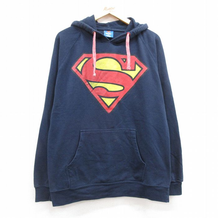 L★古着 長袖 スウェット パーカー メンズ DCコミックス スーパーマン ラグラン 紺 ネイビー 24nov08 中古 スエット トレーナー トップス