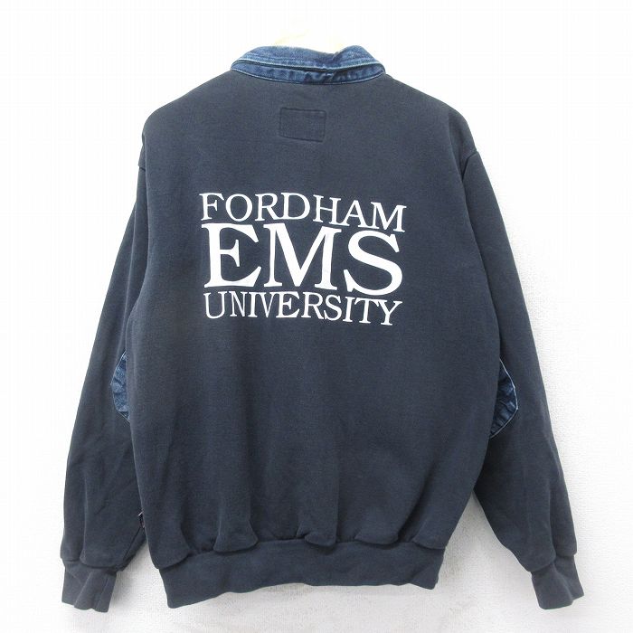 XL★古着 長袖 ハーフジップ スウェット メンズ 90年代 90s FORDHAM EMS ヒジ当て USA製 黒他 ブラック 24nov08 中古 スエット トレーナー トップス