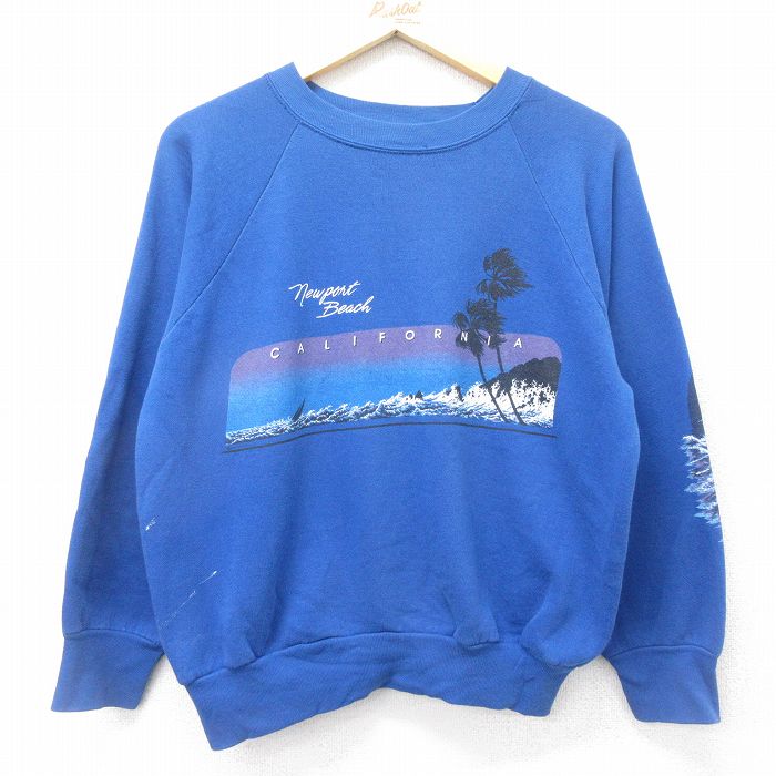 M★古着 長袖 スウェット メンズ 80年代 80s カリフォルニア ラグラン クルーネック USA製 青 ブルー 24nov08 中古 スエット トレーナー トップス