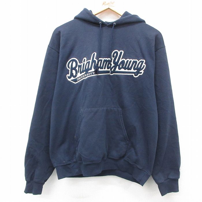 M★古着 チャンピオン champion 長袖 スウェット パーカー メンズ 00年代 00s ブリガムヤング 大学 紺 ネイビー 24nov09 中古 スエット トレーナー トップス