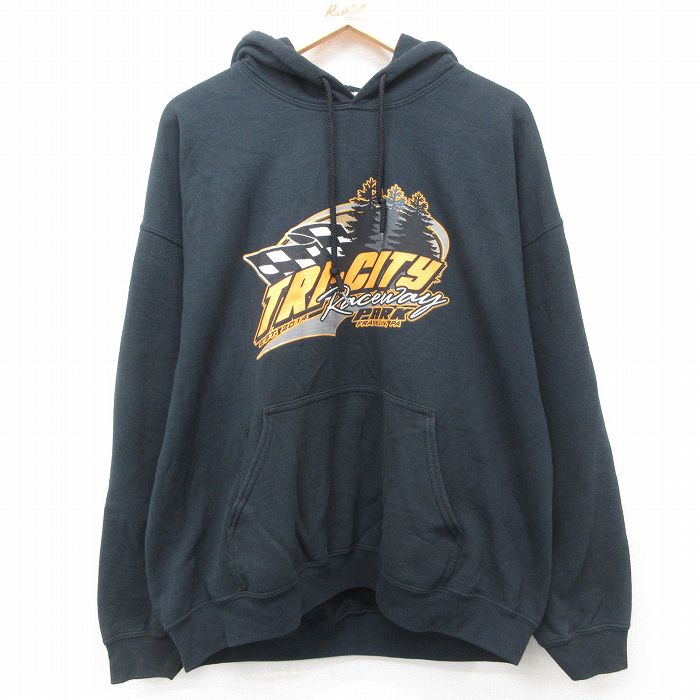XL★古着 長袖 スウェット パーカー メンズ レーシングカー 黒 ブラック 24nov09 中古 スエット トレーナー トップス