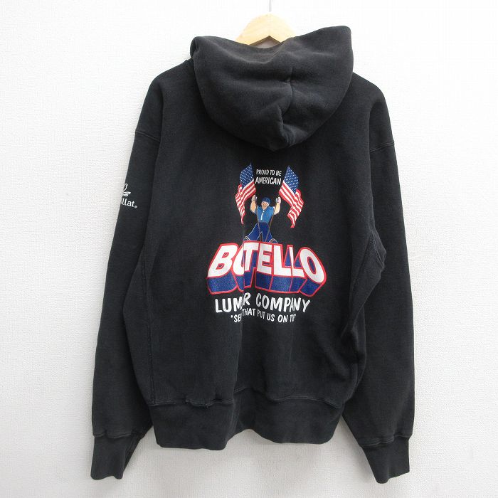 XL★古着 長袖 スウェット パーカー メンズ 90年代 90s BOTELLLO 星条旗 大きいサイズ USA製 黒 ブラック 24nov09 中古 スエット トレーナー トップス