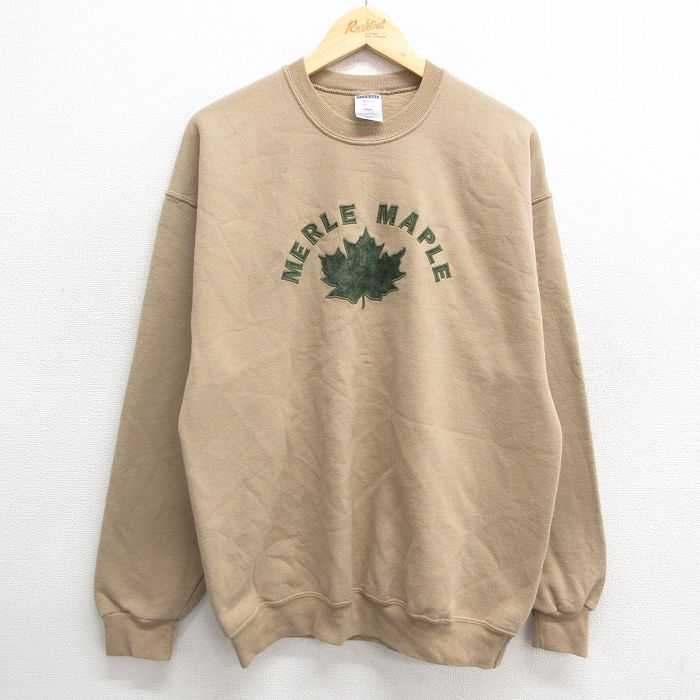 L★古着 ジャージーズ 長袖 スウェット メンズ 00年代 00s メープル 刺繍 クルーネック ベージュ カーキ 24nov09 中古 スエット トレーナー トップス