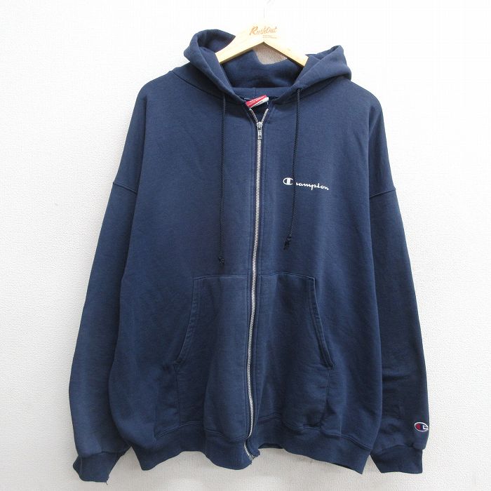 XL★古着 チャンピオン champion 長袖 フルジップ スウェット パーカー メンズ 00年代 00s ワンポイントロゴ 大きいサイズ 紺 ネイビー 24nov09 中古 スエット トレーナー トップス