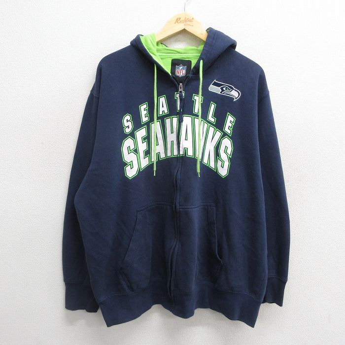 XL★古着 長袖 フルジップ スウェット パーカー メンズ 00年代 00s NFL シアトルシーホークス 大きいサイズ 紺 ネイビー アメフト スーパーボウル 24nov09 中古 スエット トレーナー トップス
