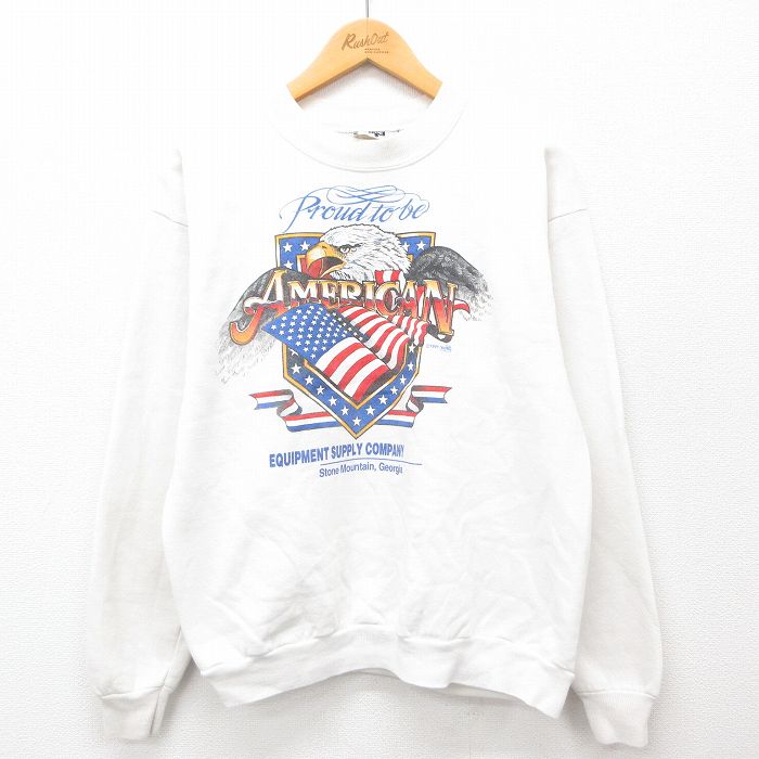 M★古着 リー Lee 長袖 スウェット メンズ 90年代 90s ワシ 星条旗 クルーネック USA製 白 ホワイト 24nov09 中古 スエット トレーナー トップス