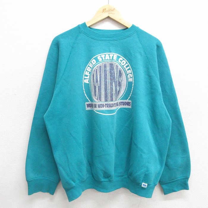 XL★古着 ディスカス 長袖 スウェット メンズ 90年代 90s アルフレッド カレッジ ラグラン クルーネック USA製 青緑系 24nov09 中古 スエット トレーナー トップス