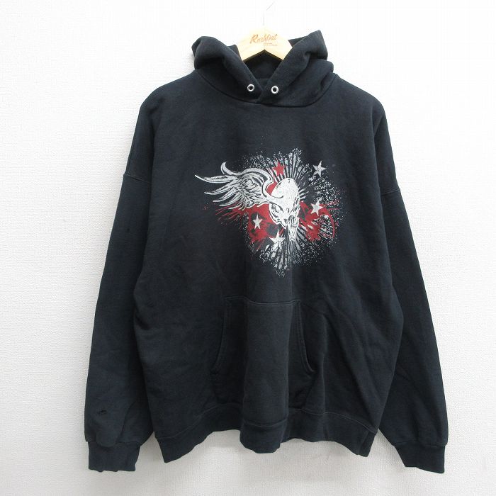 XL★古着 ヘインズ Hanes 長袖 スウェット パーカー メンズ 00年代 00s スカル 大きいサイズ 黒 ブラック 24nov09 中古 スエット トレーナー トップス