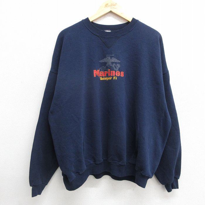 XL★古着 長袖 スウェット メンズ 00年代 00s ミリタリー マリーンズ 大きいサイズ クルーネック 紺 ネイビー 24nov09 中古 スエット トレーナー トップス