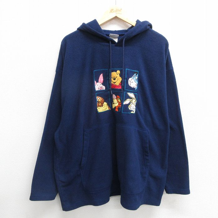 XL★古着 長袖 フリース トップス パーカー メンズ 00年代 00s ディズニー DISNEY くまのプーさん ティガー 刺繍 大きいサイズ 紺 ネイビー 【spe】 24nov09 中古 スエット トレーナー