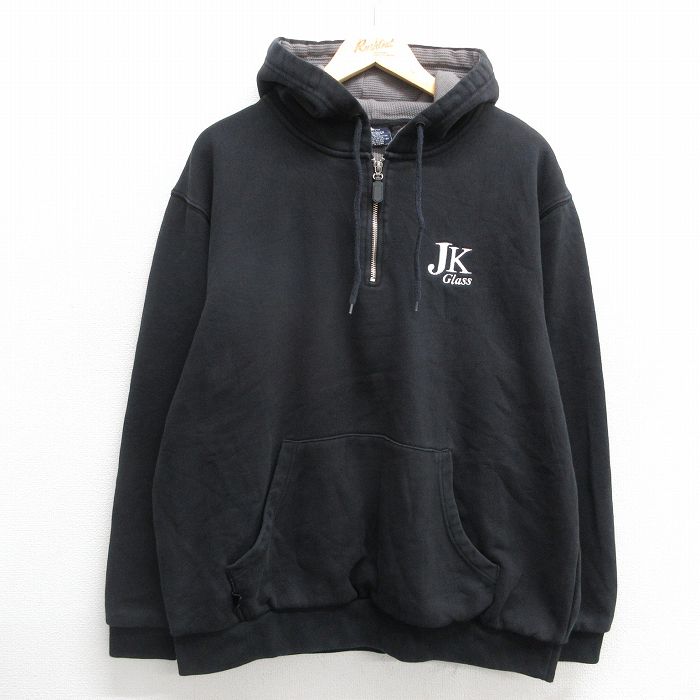 XL★古着 長袖 ハーフジップ スウェット パーカー メンズ JK Glass 大きいサイズ 黒 ブラック 内側サーマル 24nov11 中古 スエット トレーナー トップス