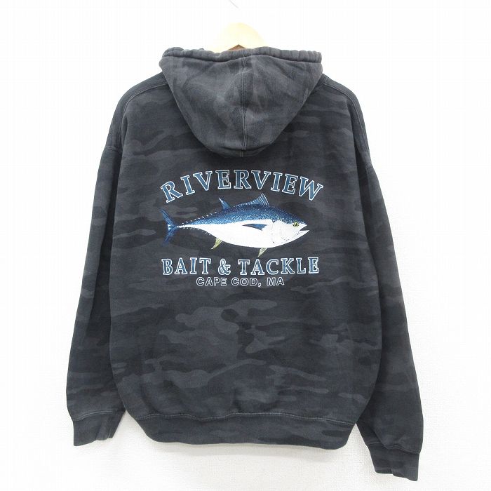 XL★古着 長袖 スウェット パーカー メンズ 魚 大きいサイズ 黒他 ブラック 24nov14 中古 スエット トレーナー トップス