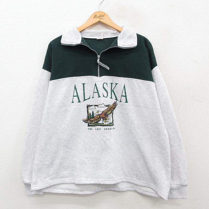 【20%OFF】XL★古着 長袖 ハーフジップ スウェット メンズ 90年代 90s アラスカ 鳥 ツートンカラー USA製 薄グレー他 霜降り 24nov14 中古 スエット トレーナー トップス