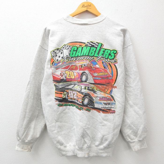 L★古着 ヘインズ Hanes 長袖 スウェット メンズ 00年代 00s レーシングカー GAMBLERS クルーネック 薄グレー 霜降り 24nov14 中古 スエット トレーナー トップス