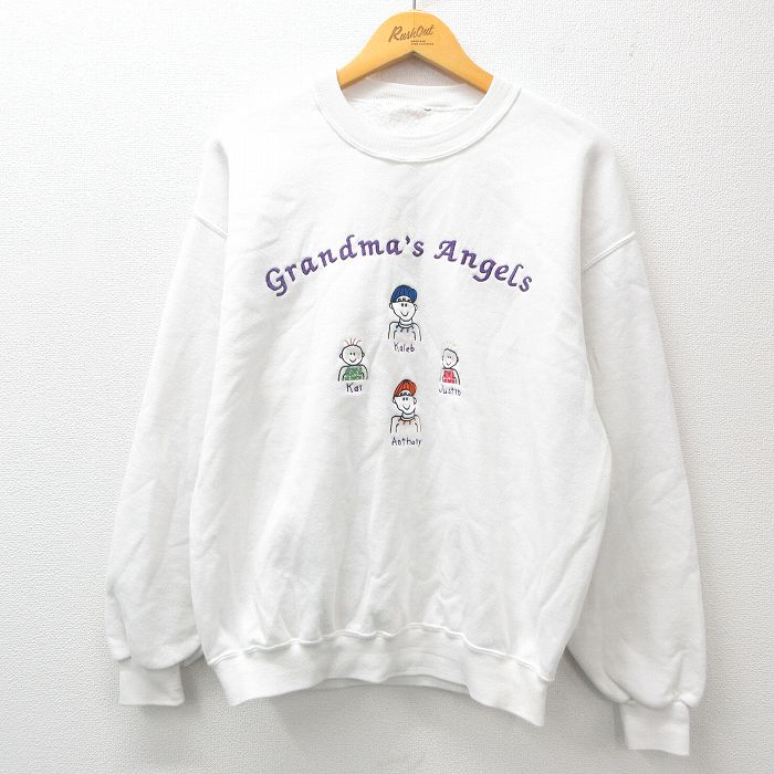 L★古着 長袖 スウェット メンズ 子供 刺繍 白 ホワイト 24nov14 中古 スエット トレーナー トップス
