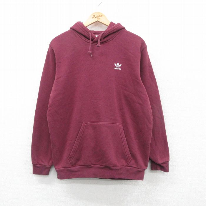 L★古着 アディダス adidas 長袖 スウェット パーカー メンズ ワンポイントロゴ リーフトレフォイル エンジ 24nov18 中古 スエット トレーナー トップス