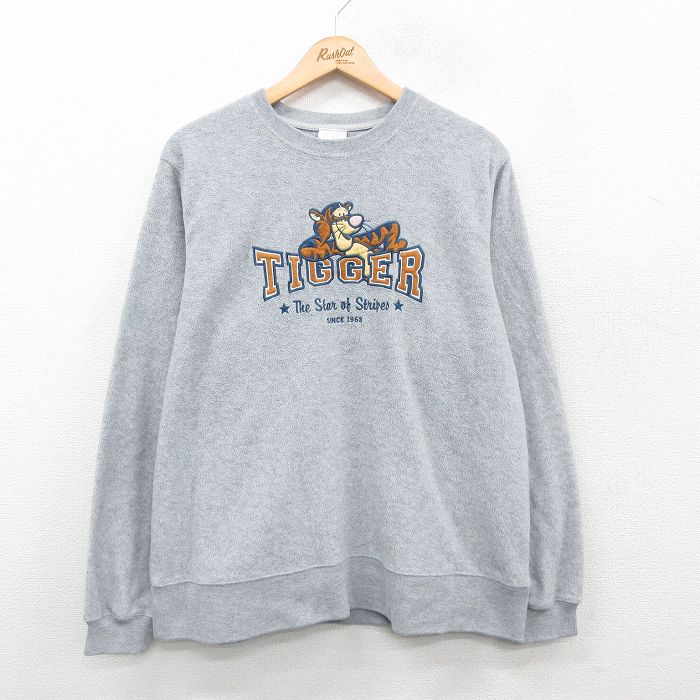 L★古着 長袖 フリース トップス メンズ 00年代 00s ディズニー DISNEY くまのプーさん ティガー 刺繍 クルーネック グレー 【spe】 24nov18 中古 スエット トレーナー