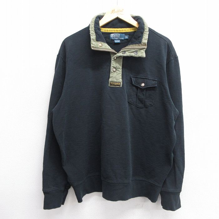 XL★古着 ラルフローレン Ralph Lauren 長袖 ブランド ハーフジップ トップス メンズ 90年代 90s ワンポイントロゴ コットン 黒 ブラック 【spe】 25mar13 中古 スエット トレーナー