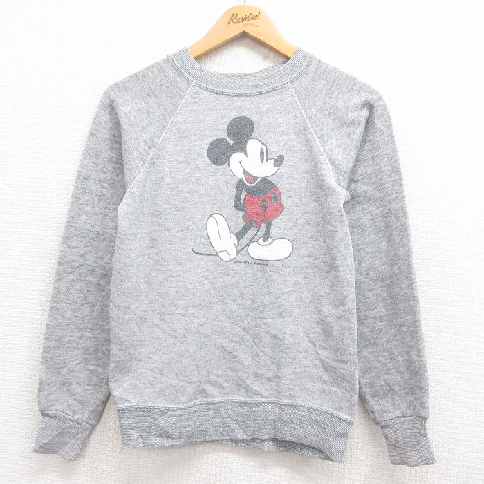 【20%OFF】XS★古着 長袖 スウェット メンズ 80年代 80s ディズニー DISNEY ミッキー MICKEY MOUSE クルーネック ラグラン グレー 霜降り 25jul30 中古 スエット トレーナー トップス
