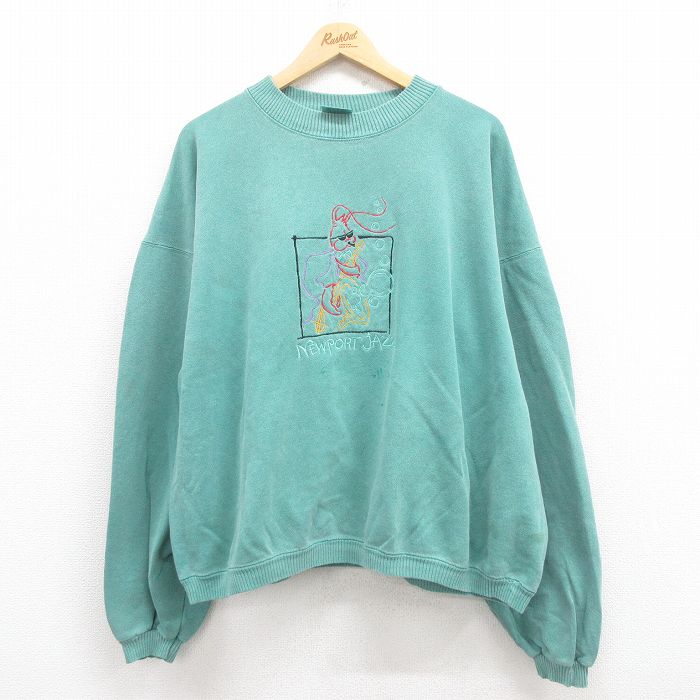 【50%OFF】XL★古着 長袖 スウェット メンズ 90年代 90s ニューポート 刺繍 大きいサイズ クルーネック USA製 緑 グリーン 25jul30 中古 スエット トレーナー トップス