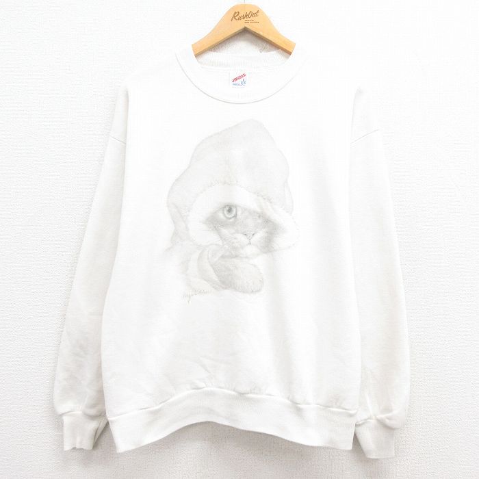 L★古着 ジャージーズ 長袖 スウェット メンズ 90年代 90s ネコ クルーネック USA製 白 ホワイト 25jul30 中古 スエット トレーナー トップス