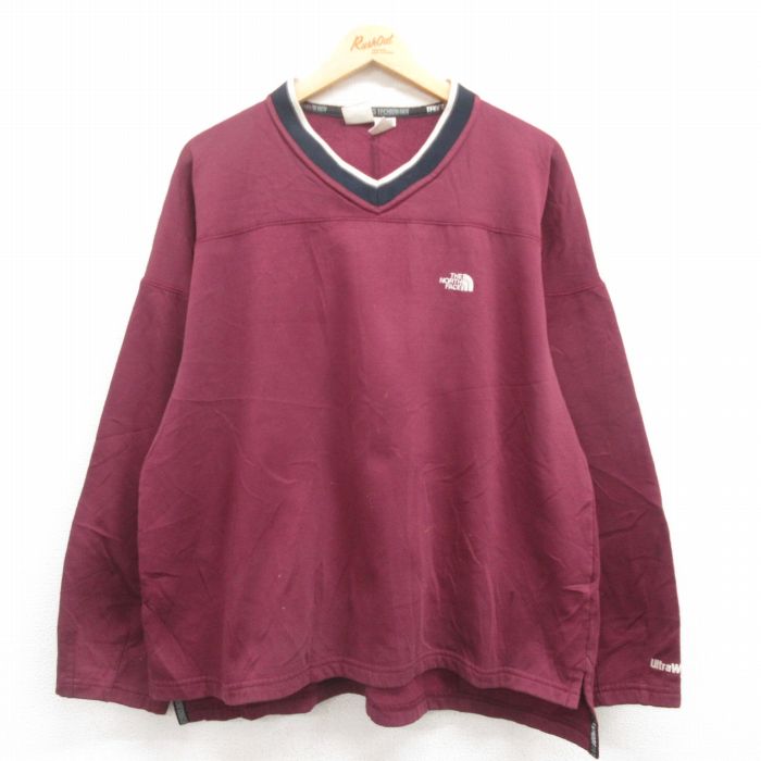 XL★古着 ノースフェイス THE NORTH FACE 長袖 トップス メンズ 90年代 90s ワンポイントロゴ テックウェア 大きいサイズ Vネック USA製 エンジ 25jul30 中古 スエット トレーナー