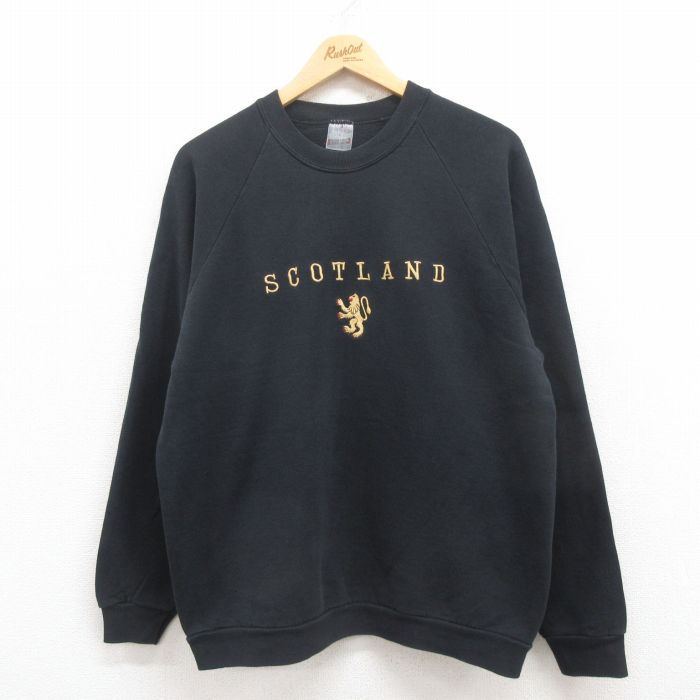 L★古着 スクリーンスターズ 長袖 スウェット メンズ 90年代 90s スコットランド 刺繍 ラグラン クルーネック 黒 ブラック 25jul30 中古 スエット トレーナー トップス