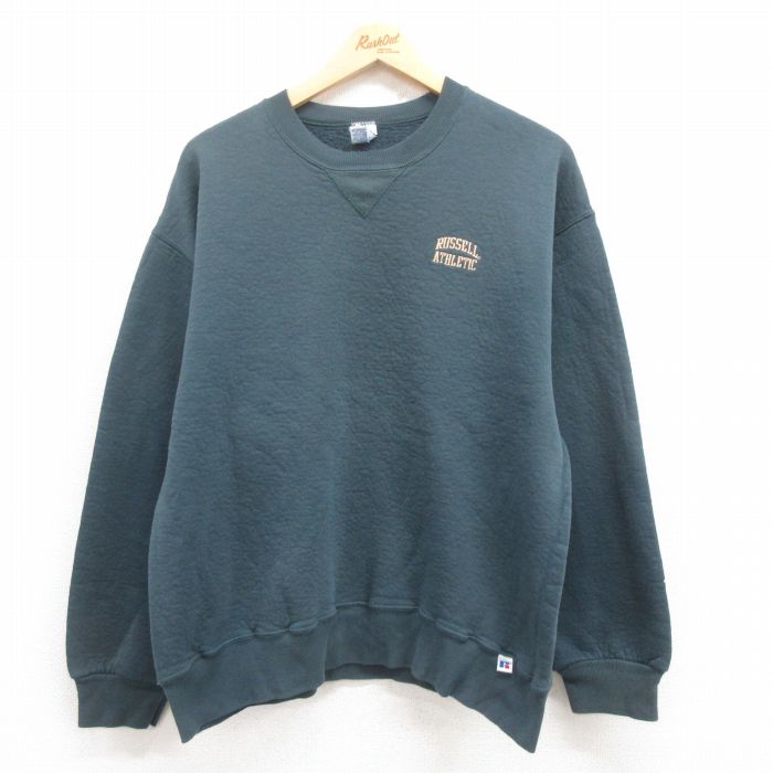 【50%OFF】L★古着 ラッセル 長袖 スウェット メンズ 00年代 00s ワンポイントロゴ クルーネック 緑 グリーン 25jul30 中古 スエット トレーナー トップス