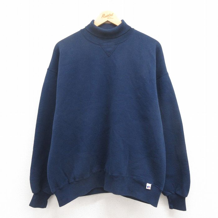 XL★古着 ラッセル 長袖 スウェット メンズ 90年代 90s 無地 タートルネック USA製 紺 ネイビー 25jul29 中古 スエット トレーナー トップス