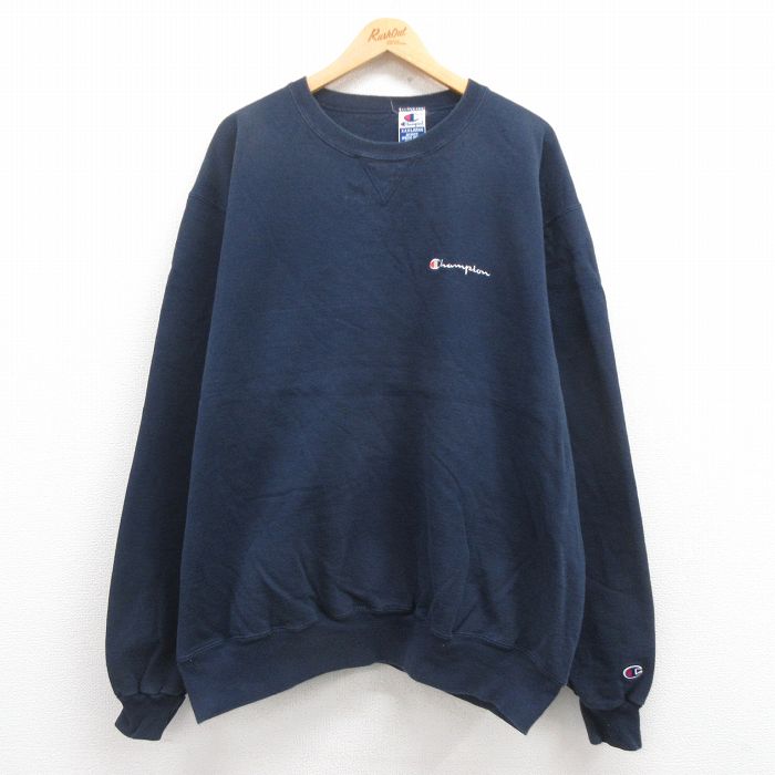 XL★古着 チャンピオン Champion 長袖 スウェット メンズ 90年代 90s ワンポイントロゴ 大きいサイズ クルーネック 紺 ネイビー 【spe】 25jul31 中古 スエット トレーナー トップス