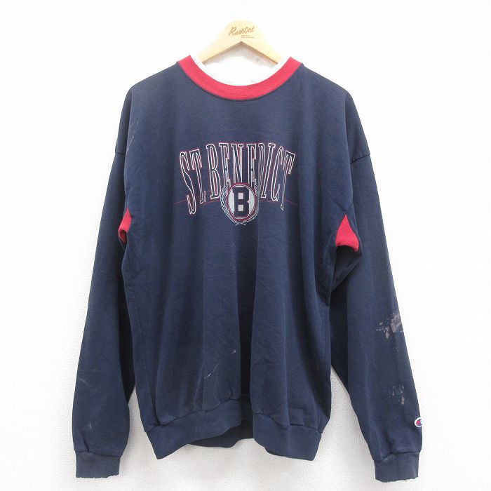 【50%OFF】XL★古着 チャンピオン Champion 長袖 スウェット メンズ 90年代 90s B 大きいサイズ クルーネック USA製 紺 ネイビー 25jul31 中古 スエット トレーナー トップス