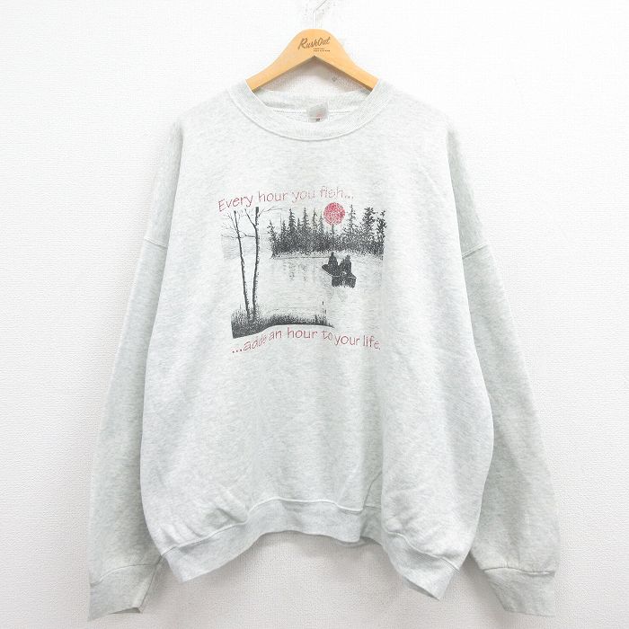 XL★古着 フルーツオブザルーム 長袖 スウェット メンズ 90年代 90s ボート 大きいサイズ クルーネック USA製 グレー 霜降り 25jul31 中古 スエット トレーナー トップス