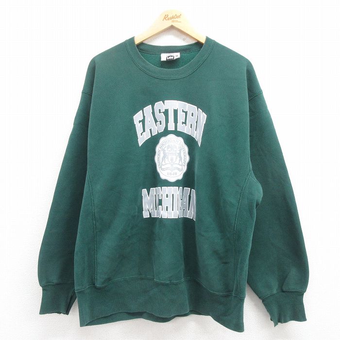 XL★古着 リー Lee 長袖 スウェット メンズ 90年代 90s ミシガン カレッジ 大きいサイズ クルーネック USA製 緑 グリーン 25jul31 中古 スエット トレーナー トップス