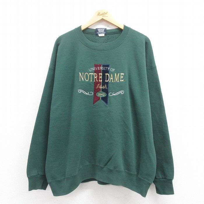 XL★古着 ジャンスポーツ 長袖 スウェット メンズ 90年代 90s ノートルダム 刺繍 大きいサイズ USA製 緑 グリーン 25aug01 中古 スエット トレーナー トップス
