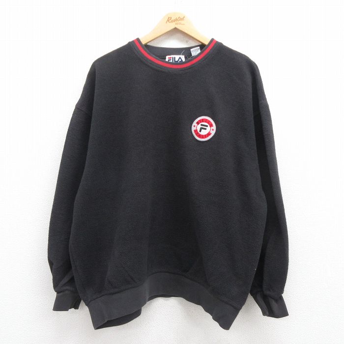 XL★古着 フィラ FILA 長袖 スウェット メンズ 00年代 00s ワンポイントロゴ 大きいサイズ 表起毛 クルーネック 黒 ブラック 25aug01 中古 スエット トレーナー トップス
