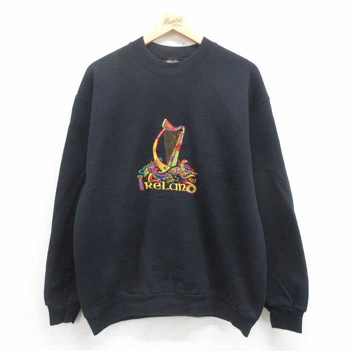 L★古着 スクリーンスターズ 長袖 スウェット メンズ 90年代 90s アイルランド 刺繍 アイルランド製 黒 ブラック 25aug01 中古 スエット トレーナー トップス
