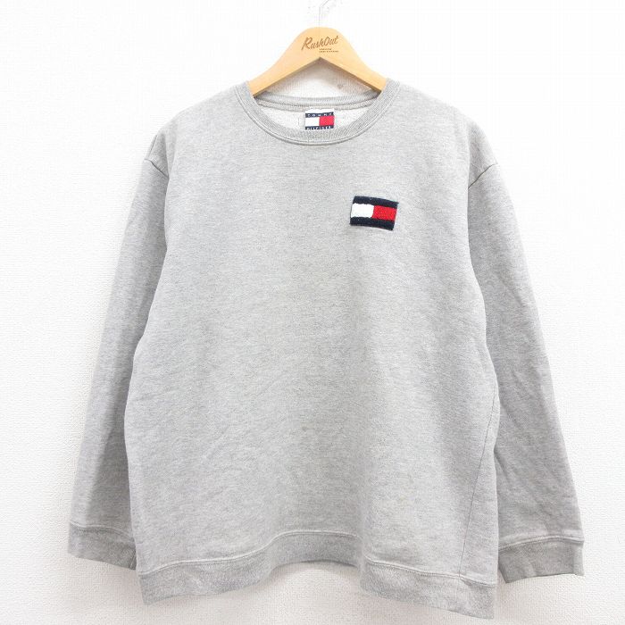 L★古着 トミーヒルフィガー TOMMY HILFIGER 長袖 ブランド スウェット メンズ 90年代 90s ワンポイントロゴ クルーネック USA製 グレー 霜降り 25aug01 中古 スエット トレーナー トップス