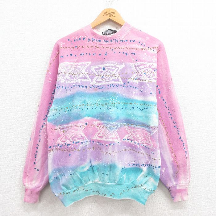 L★古着 長袖 スウェット メンズ 90年代 90s ネイティブ柄 ラグ柄 ラグラン クルーネック USA製 ピンク他 25aug01 中古 スエット トレーナー トップス