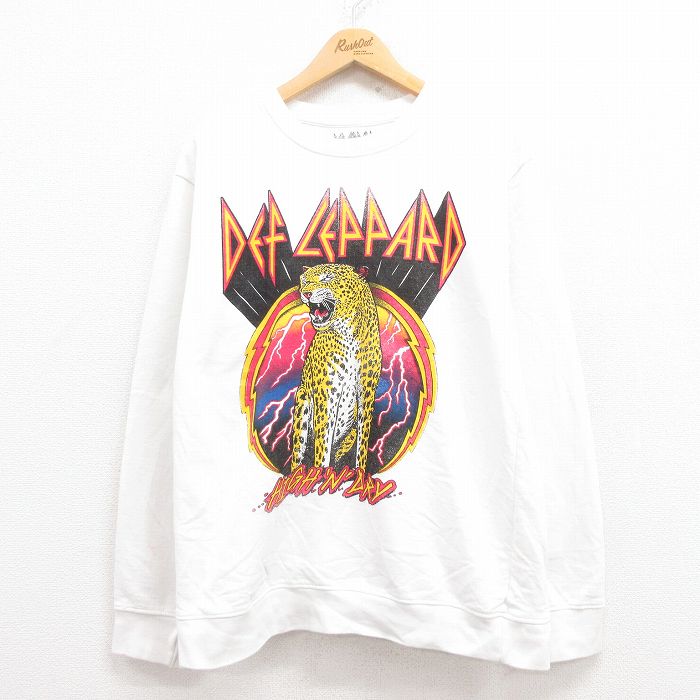 M★古着 長袖 ロック バンド スウェット メンズ デフレパード クルーネック 白 ホワイト 【spe】 25aug01 中古 スエット トレーナー トップス