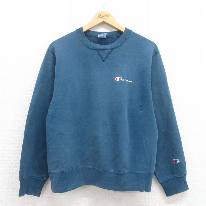 M★古着 チャンピオン Champion 長袖 スウェット メンズ 90年代 90s ワンポイントロゴ クルーネック USA製 濃青緑 25aug01 中古 スエット トレーナー トップス