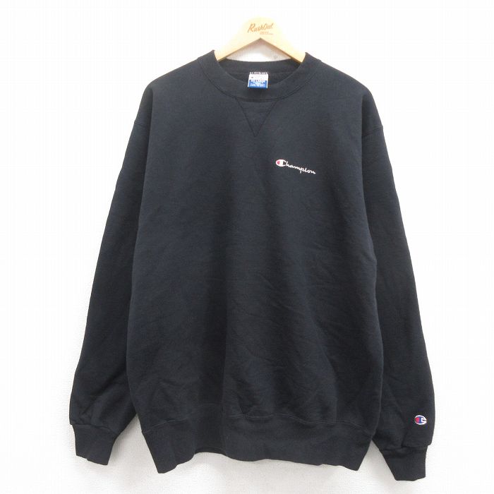 XL★古着 チャンピオン Champion 長袖 スウェット メンズ 90年代 90s ワンポイントロゴ 大きいサイズ クルーネック 黒 ブラック 【spe】 25aug01 中古 スエット トレーナー トップス