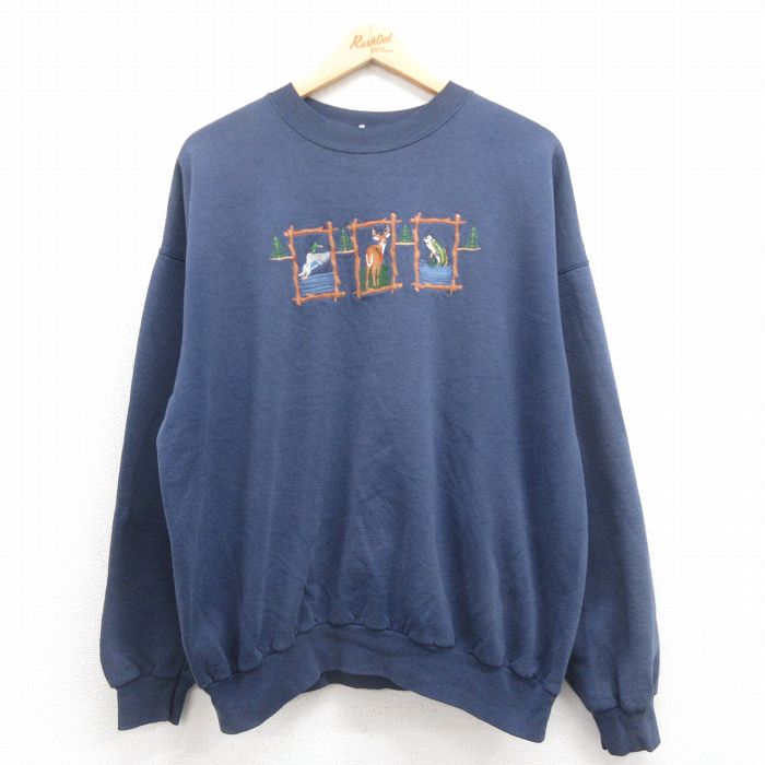 XL★古着 長袖 スウェット メンズ 00年代 00s シカ 刺繍 大きいサイズ クルーネック 紺 ネイビー 25aug04 中古 スエット トレーナー トップス