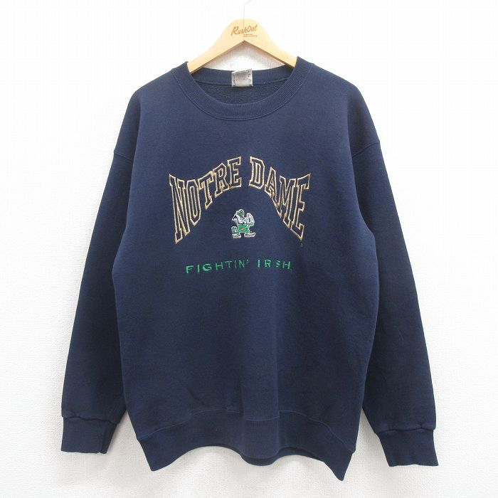 L★古着 長袖 スウェット メンズ 90年代 90s ノートルダム 刺繍 USA製 紺 ネイビー 25aug06 中古 スエット トレーナー トップス