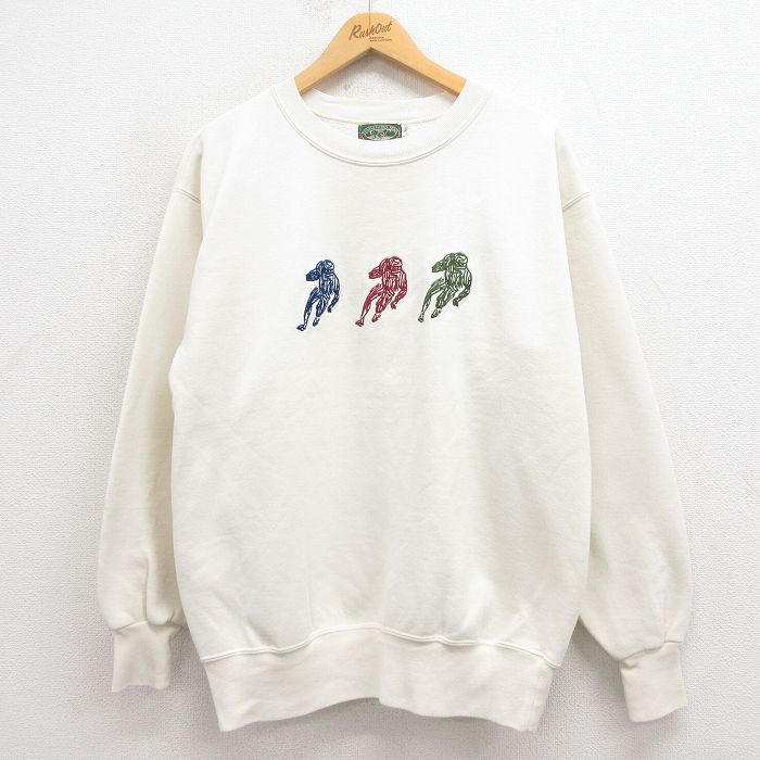 L★古着 長袖 スウェット メンズ 90年代 90s アメフト 刺繍 クルーネック USA製 薄ベージュ カーキ 25aug06 中古 スエット トレーナー トップス