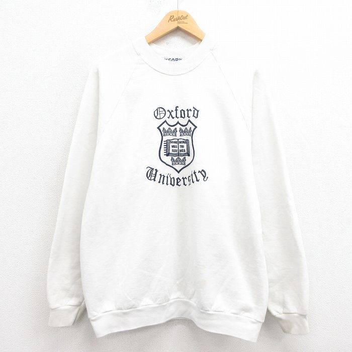 L★古着 長袖 スウェット メンズ 00年代 00s オックスフォード 刺繍 ラグラン クルーネック イギリス製 白 ホワイト 25aug08 中古 スエット トレーナー トップス