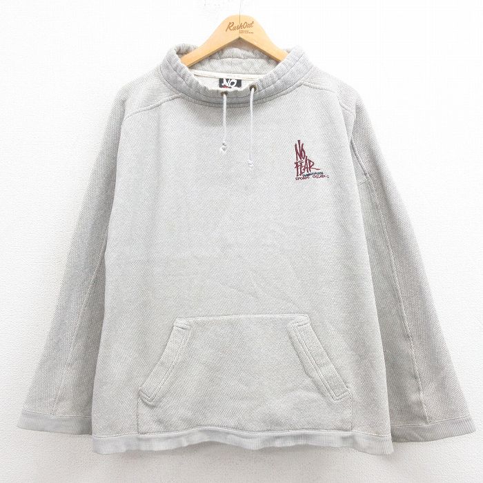 【20%OFF】XL★古着 NO FEAR 長袖 スウェット メンズ 00年代 00s ワンポイントロゴ 大きいサイズ モックネック ハイネック グレー 25aug08 中古 スエット トレーナー トップス