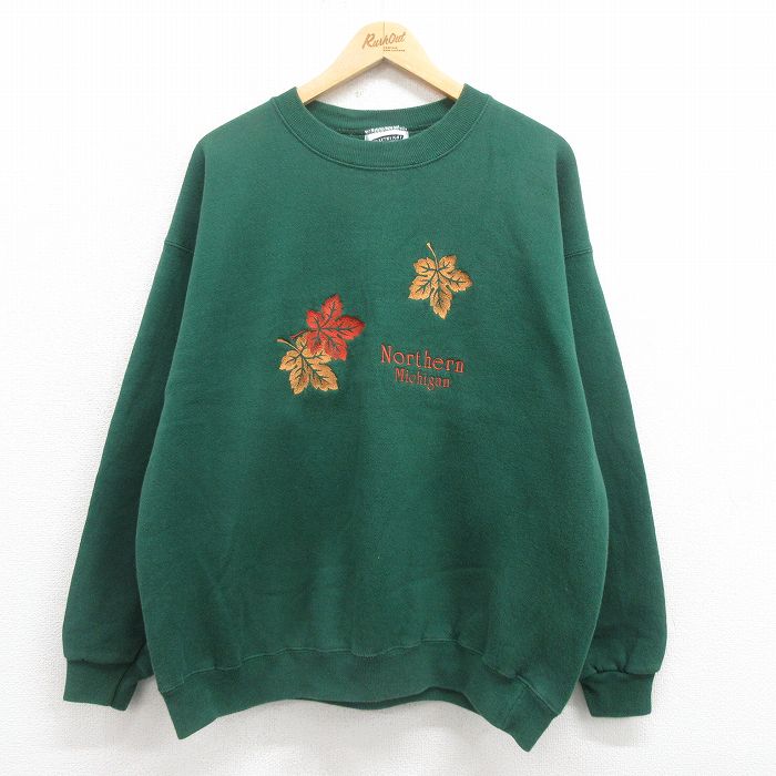 【20%OFF】XL★古着 リー Lee 長袖 スウェット メンズ 90年代 90s ミシガン 刺繍 大きいサイズ クルーネック USA製 緑 グリーン 25aug08 中古 スエット トレーナー トップス