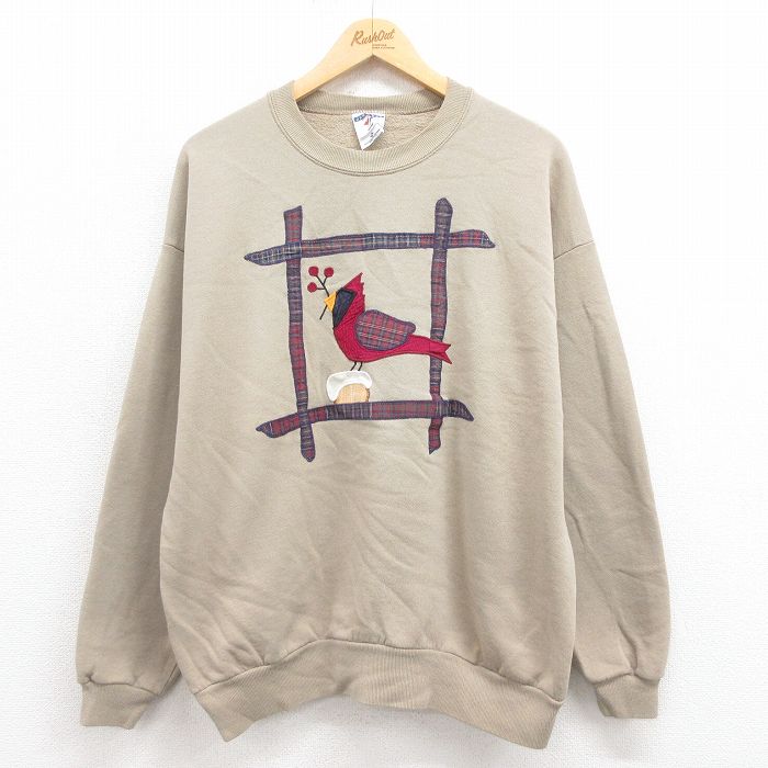 XL★古着 ジャージーズ 長袖 スウェット メンズ 90年代 90s 鳥 クルーネック USA製 ベージュ カーキ 25aug09 中古 スエット トレーナー トップス